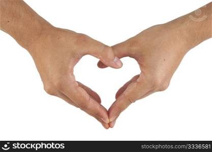 two hands make heart shape on white background