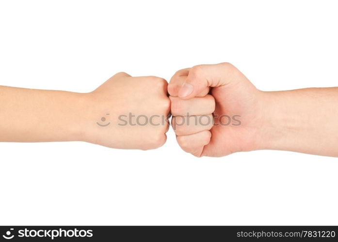 Two hands: man and woman, isolated on white