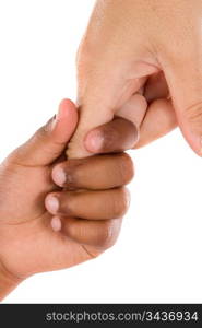 Two hands of different races together on a white background