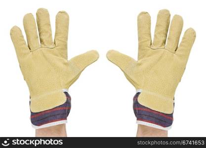two hands with work gloves. isolated on a white background