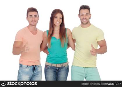 Two handsome boys with a beautiful girl saying Ok isolated on a white background