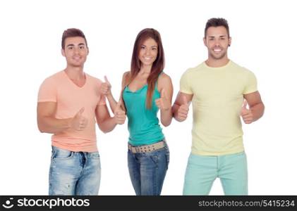 Two handsome boys with a beautiful girl saying Ok isolated on a white background