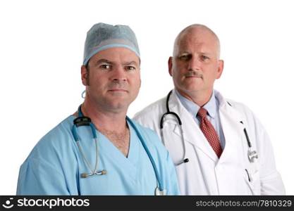 Two handsome, competent looking doctors isolated on a white background.