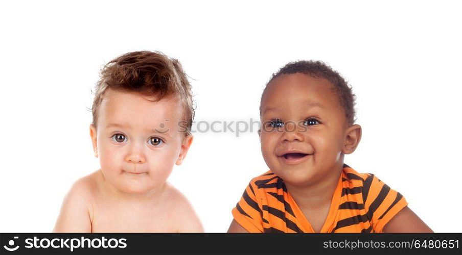 Two happy babies of different races . Two happy babies of different races isolated on a white background