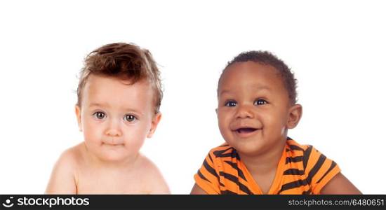 Two happy babies of different races . Two happy babies of different races isolated on a white background