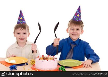 two happy boy with a cake isolated on white background