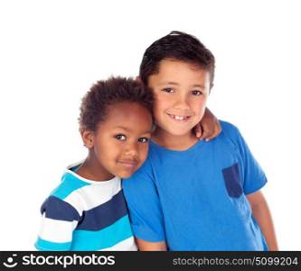 Two happy brothers isolated on a white background
