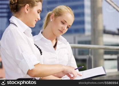 two happy businesswomen with paper chart (focus on brunette)