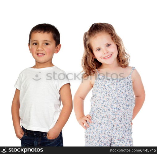 Two happy children isolated on a white background