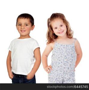 Two happy children isolated on a white background