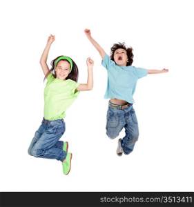 Two happy children jumping at once on a white background