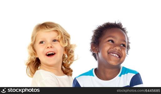 Two happy children looking up isolated on a white backround