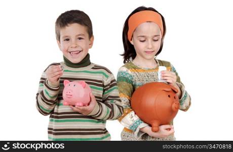 Two happy children with moneybox savings isolated over white