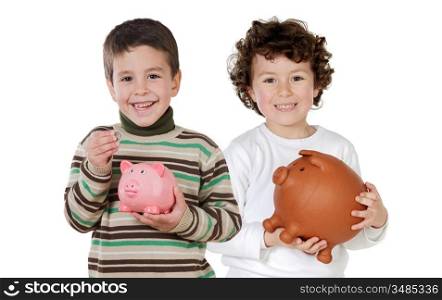 Two happy children with moneybox savings isolated over white