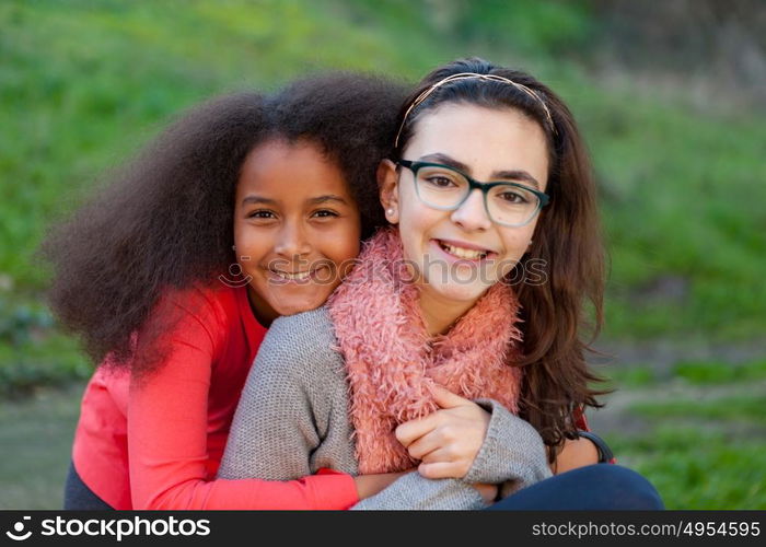 Two happy girls friends in the park