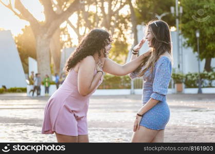 Two happy girls laughing on the street, two women talking and laughing on the street, two women having fun