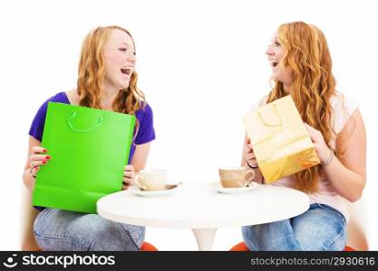 two happy laughing women with shopping bags. two happy laughing women with shopping bags sitting at a coffee table on white background