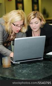 two happy mature senior business woman work on laptop computer