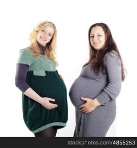 Two happy pregnant women waiting for the birth of their babies isolated on white background. Two pregnant women