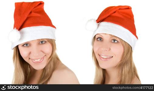 Two Happy pretty santa woman isolated on white background