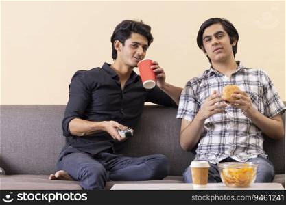 Two happy teenage boys eating fast foods and watching TV together at home