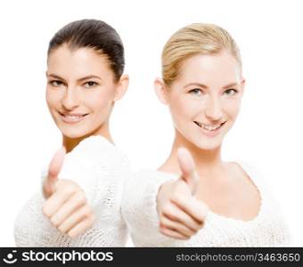 two happy women, isolated over white, studio shot