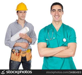 two happy workers a over white background
