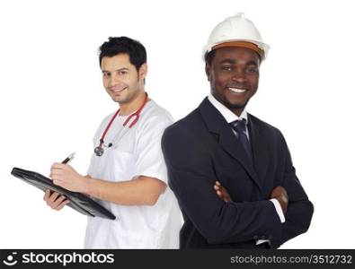 Two happy workers a over white background