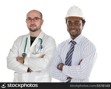 Two happy workers a over white background