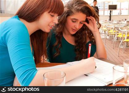 Two happy young beautiful women studying