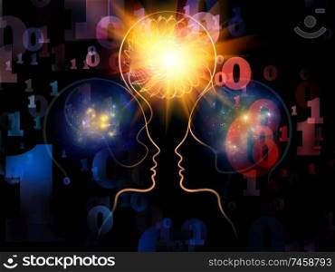Two heads forming radiating light bulb and abstract elements to illustrate concept of collaborative idea generation