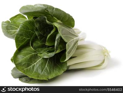Two heads of fresh bok choi Asian cabbage over a white background.