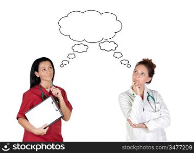 Two health workers thoughtful isolated on white background