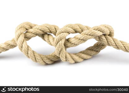 Two heart shape knots of rope isolated on white background