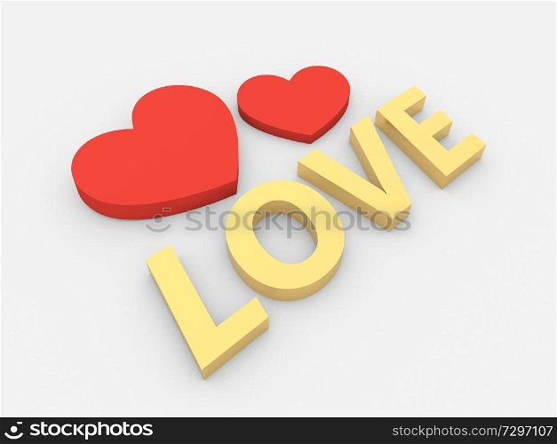 Two hearts and an inscription love on a white background. 3d render illustration.. Two hearts and an inscription love .