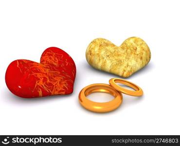 two hearts and rings. 3d valentine