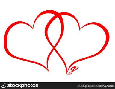 Two hearts and the word love, isolated on white