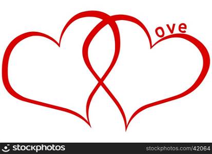 Two hearts and the word love, isolated on white