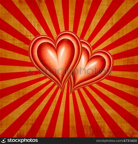two hearts. two hearts together on grungy sunbeam background