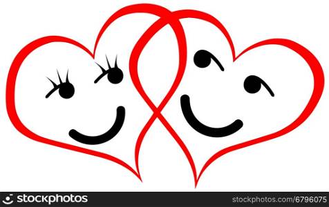 Two hearts with smileys, isolated on white