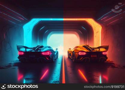 Two high speed sports cars in motion, racing moment in neon light. Neural network AI generated art. Two high speed sports cars in motion, racing moment in neon light. Neural network generated art