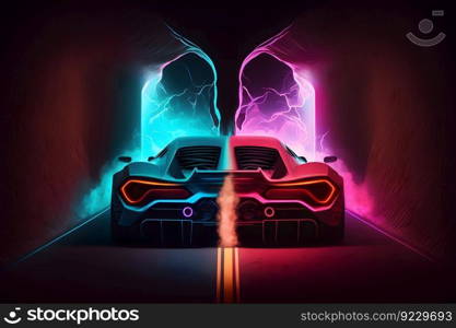 Two high speed sports cars in motion, racing moment in neon light. Neural network AI generated art. Two high speed sports cars in motion, racing moment in neon light. Neural network generated art