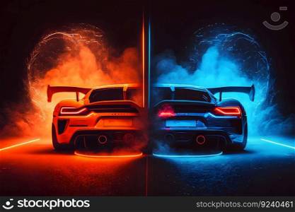 Two high speed sports cars in motion, racing moment in neon light. Neural network AI generated art. Two high speed sports cars in motion, racing moment in neon light. Neural network generated art