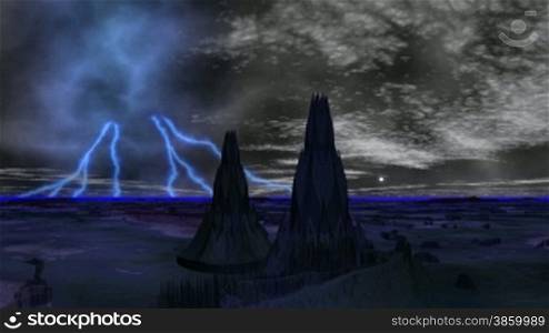 Two high tower (aliens) with sharp tops stand a hilly landscape. In the night sky the bright moon and slowly floating clouds. Over the horizon the lightning flashes and all landscape slowly becomes covered by a blue fog.