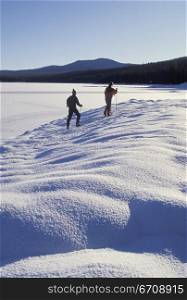Two hikers on a snow covered landscape