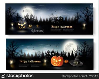 Two Holiday Halloween Banners with Pumpkins and Moon. Vector