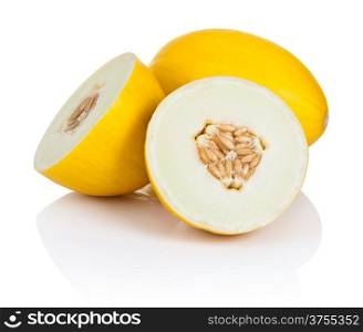 Two honeydew melons on white background. One sliced in half, second whole