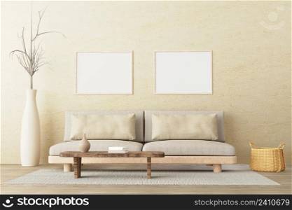 Two horizontal posters mockup in neutral style interior living room with low sofa, ceramic jug, side table, wicker basket and books on empty concrete wall background. 3d render.
