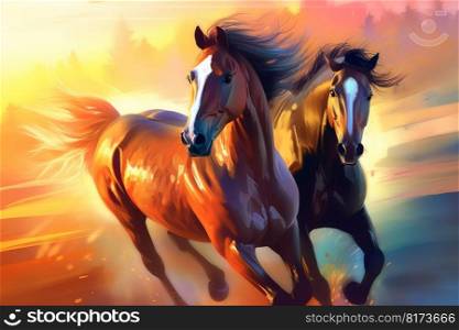 Two horses run. Abstract modern color. Generate Ai. Two horses run. Abstract modern color