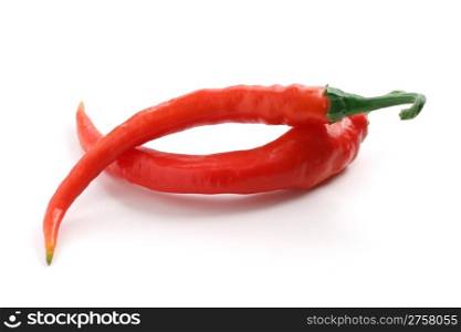 two hot chili peppers over white background
